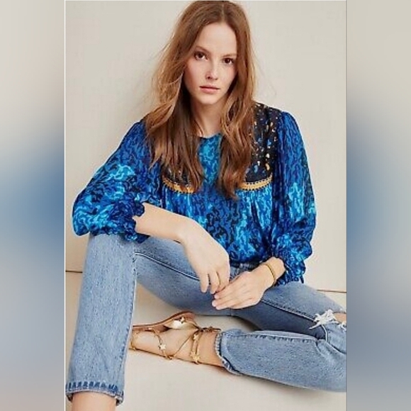 Anthropologie Bla^nk London Miranda Peasant Blouse Blue - Picture 3 of 11